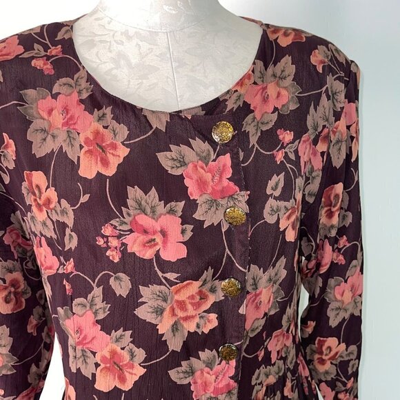 Pier 1 Passports Vintage Maxi Dress Size Medium Floral Brown Botanical Button Up - Picture 6 of 15